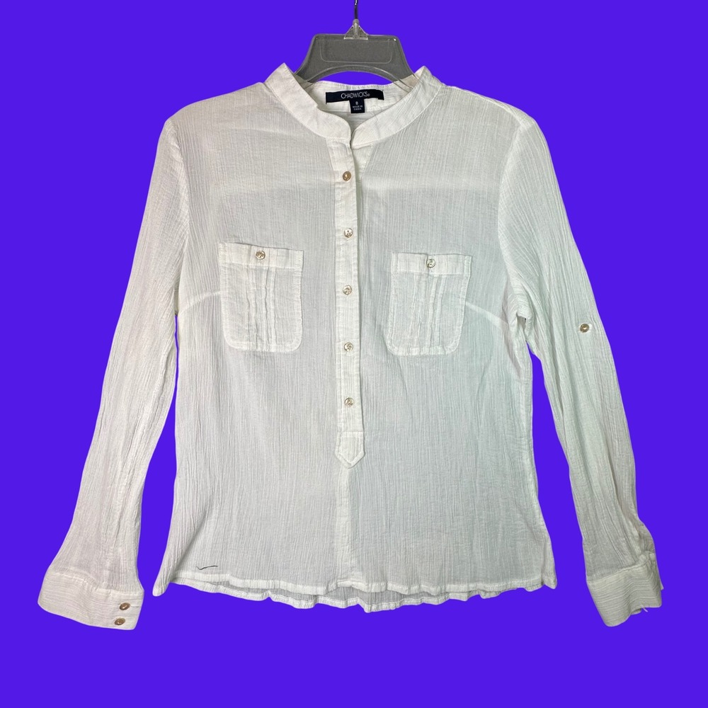 Chadwicks White Gauze Button Down Blouse Coastal Boho Size 8 Minimalist Classic